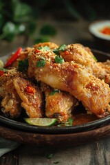 Fototapeta premium Tasty Thai-style fried chicken wings with red pepper flakes. Served on a wooden platter.