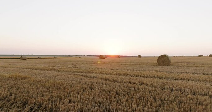 Aerial perspective of straw bales arranged across dry fields, set breathtaking sunset aerial view. Rch textures of cut hay and rolling land form a serene countryside composition.
