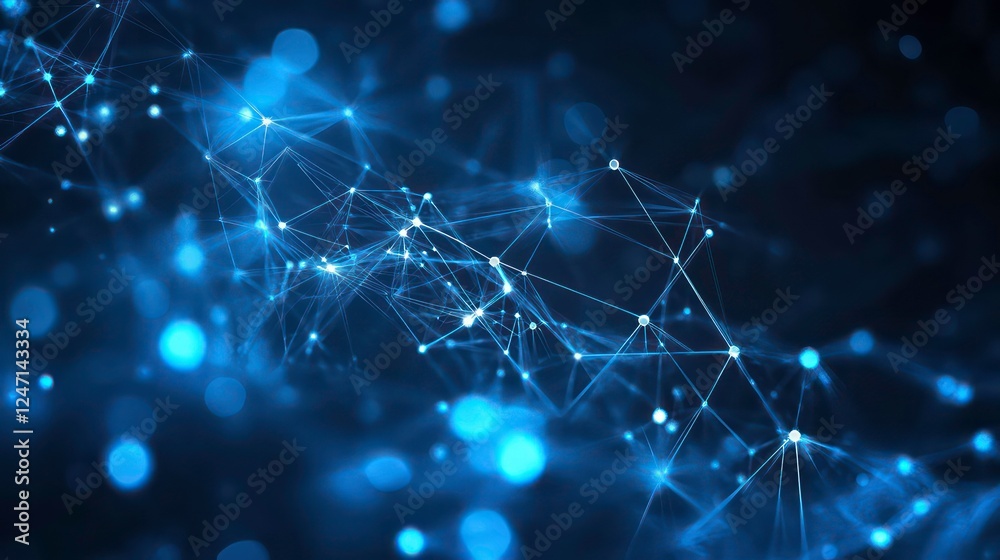 Poster abstract blue technology background with a cyber network grid and connected particles artificial neu