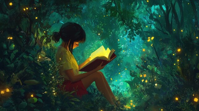 Girl Reading Illuminated Book Surrounded By Fireflies In Forest