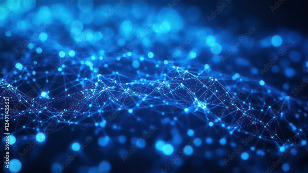Poster abstract blue technology background with a cyber network grid and connected particles artificial neu