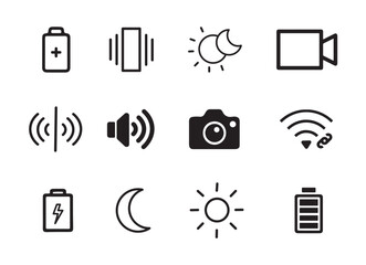This image features a collection of twelve simple, black and white icons representing various technology functions