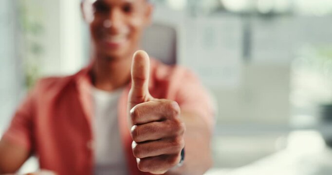 Thumb up, gesture and person with opinion, office and hand for vote, review and sign for agreement. Yes, approval and communication with finger, creative and ok to promotion, symbol and accept