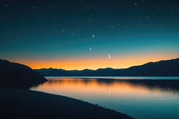 Fototapeta premium A tranquil scene of a starlit lake at dusk, with reflections dancing on the water's surface. Mountains rise in the background against a vibrant night sky.