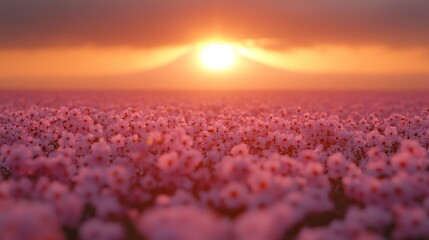 Sunset over pink flower field, peaceful landscape