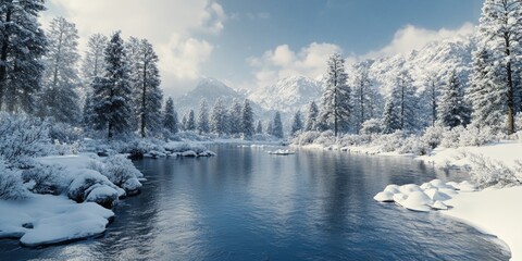 The image portrays a tranquil winter scene with a river flowing through a forested area. The landscape is covered in snow, and the water's surface is glistening.