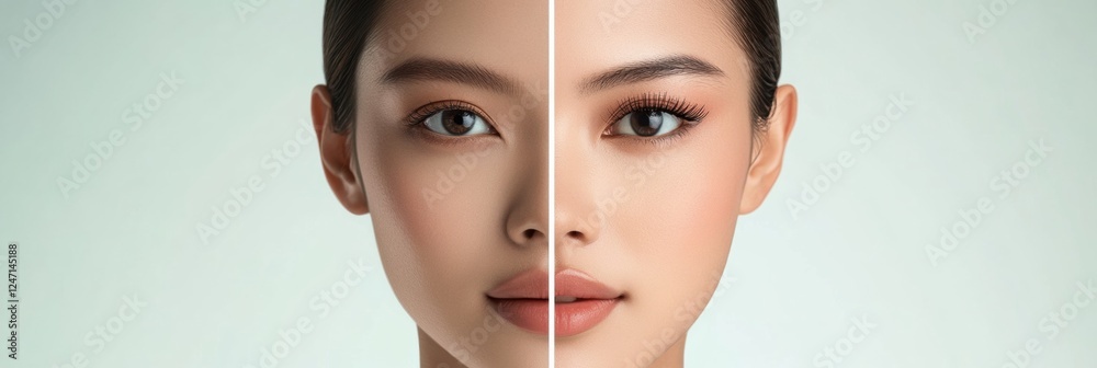 Poster exploring the contrast between natural beauty and makeup artistry through a split face representatio