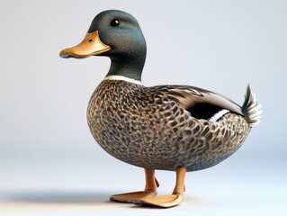 Obraz premium A duck is standing on a white background. The duck is looking at the camera
