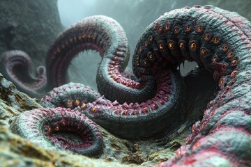 Fototapeta premium Visualization of bacterial structures under microscopic perspective with vibrant colors and intricate details