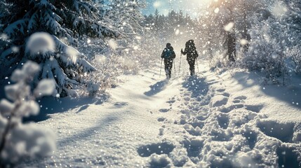 Picture of two people cross-country skiing in a snowy forest, enjoying the winter season. Participating in outdoor fitness activities.