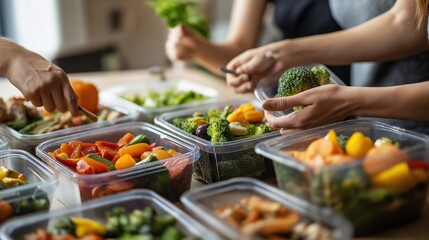 Close up of group of people hands taking healthy salad in containers from the table