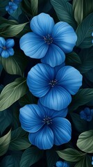 Vibrant blue flowers with lush green leaves in a beautifully detailed botanical display