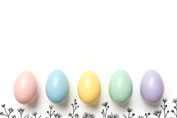 Obraz premium Five elegantly arranged pastel eggs (soft pink, blue, yellow, green, and lavender) with delicate black floral patterns at the bottom of the image. The top remains empty for text placement, with a clea