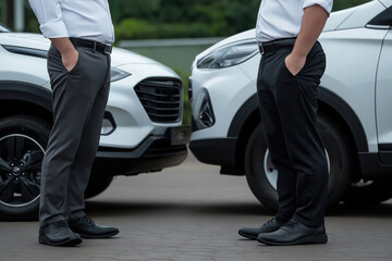 Business professionals discuss strategy while standing near parked cars in urban setting