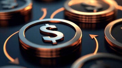 3D Render of Circular Arrows and Dollar Coin Symbolising Financial Cycle or Cashflow