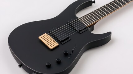 Fototapeta premium A sleek black electric guitar with a minimalist design, featuring a golden bridge and a well-defined body shape, ideal for modern music styles.