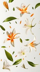 Flowers, Fruits, Vegetables and Sliced ​​Greens Floating with Water Drops, Abstract Image, Texture, Pattern Background, Wallpaper, Cover and Screen for Smartphone, PC, Laptop, 9:16 and 16:9 Format