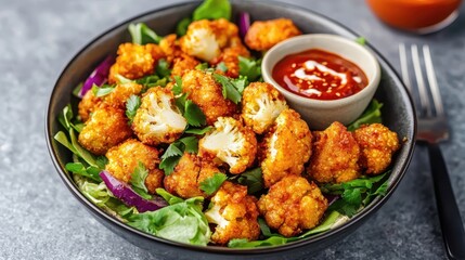 Fototapeta premium A vibrant bowl of crispy cauliflower bites served on a bed of greens, accompanied by a tasty dipping sauce.