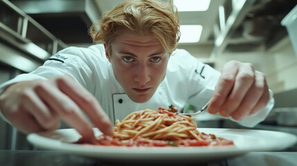 Master Chef plating up an exquisite dish in a restaurant, in white uniform