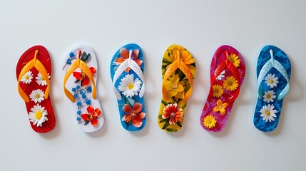 A set of bright summer sandals with floral designs, arranged symmetrically on a pristine white backdrop.