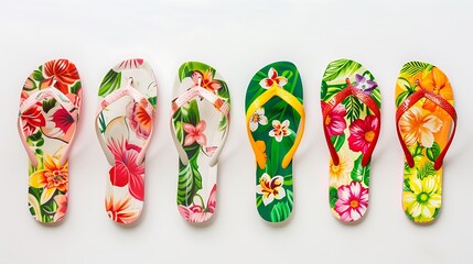 A set of bright summer sandals with floral designs, arranged symmetrically on a pristine white backdrop.