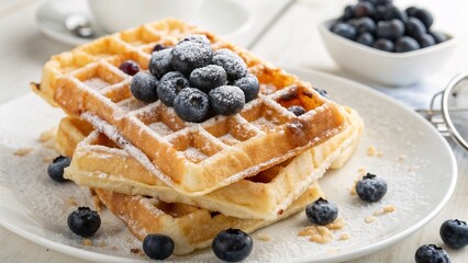 Blueberry Waffles with Mint Garnish on White Plate

