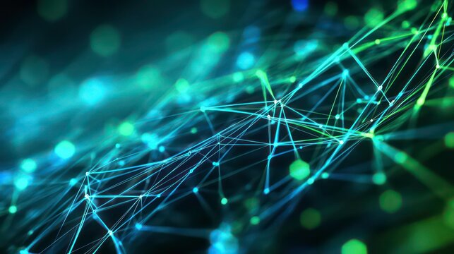 Abstract green and blue digital network with glowing lines on a dark background.