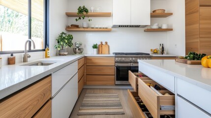 Fototapeta premium A modern kitchen featuring wooden accents, sleek cabinetry, a gas stove, and natural light, creating a bright and inviting cooking space.