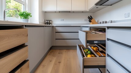 A modern kitchen featuring sleek cabinetry, wooden accents, and open drawers displaying fresh fruits on a wooden floor.