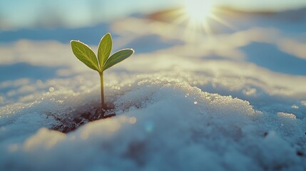 A young plant sprouts from the snow, symbolizing life's resilience and the arrival of spring despite harsh winter conditions.