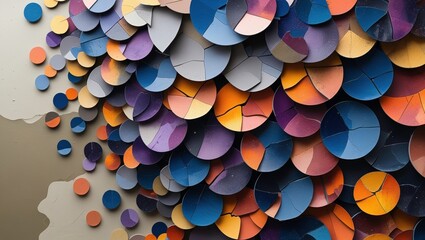 A modern art piece featuring fragmented circles and half-circles layered on top of each other, representing the chaotic yet structured essence of pi, contrasted against a muted backdrop