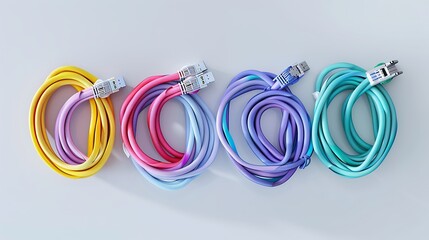 A set of colorful ethernet cables with metallic connectors, coiled neatly on a plain white backdrop.