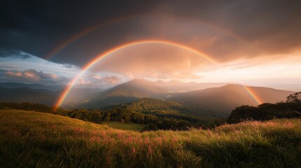 A breathtaking double rainbow arcs over a lush green mountain landscape, creating a stunning and magical natural scene.