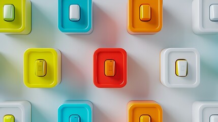 A set of high-tech, colorful smart plugs arranged in a grid on a pristine white background.