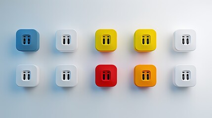 A set of high-tech, colorful smart plugs arranged in a grid on a pristine white background.