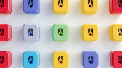 A set of high-tech, colorful smart plugs arranged in a grid on a pristine white background.