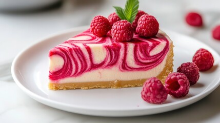 A slice of swirled raspberry cheesecake on a white plate, garnished with fresh raspberries.