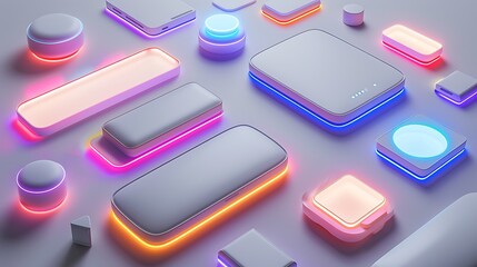 A set of neon-lit smart home sensors with sleek, modern designs, neatly arranged on a seamless white background.