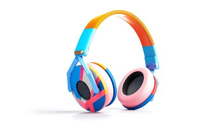 A sleek and colorful pair of over-ear headphones with bold design elements, resting on a pristine white backdrop.