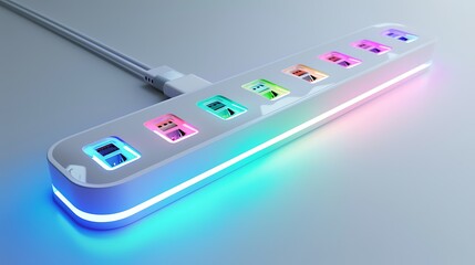 A sleek power strip with colorful  ports and glowing details, resting on a smooth white background.