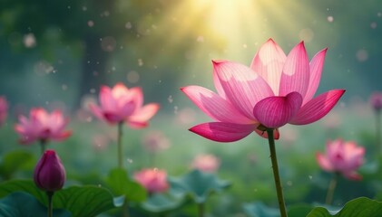 Shimmering mist caresses delicate petals in a serene environment, misty, natural