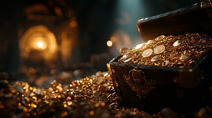 A mysterious treasure chest brimming with gold coins glows in a dimly lit cave, radiating wealth and adventure.