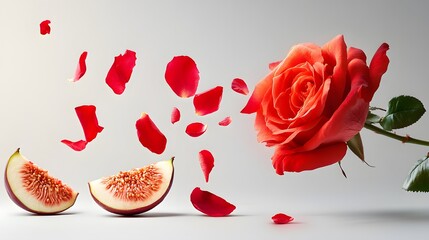 Flowers, Fruits, Vegetables and Sliced ​​Greens Floating with Water Drops, Abstract Image, Texture, Pattern Background, Wallpaper, Cover and Screen for Smartphone, PC, Laptop, 9:16 and 16:9 Format