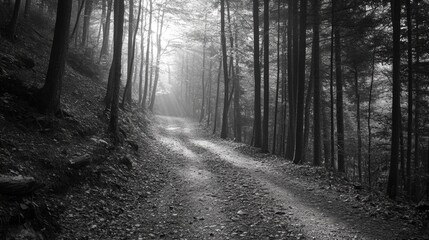Naklejka premium Winding road through dense woods, misty morning atmosphere