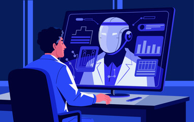 An ai scientist, programmer or developer working with an artificial intellegent chatbot or robot virtual digital assistant. Vector futuristic illustration.