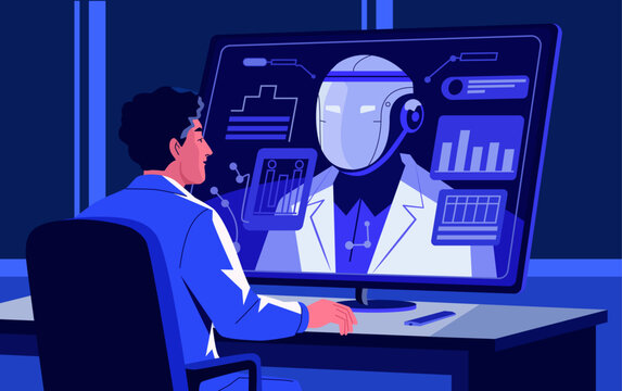 An ai scientist, programmer or developer working with an artificial intellegent chatbot or robot virtual digital assistant. Vector futuristic illustration.