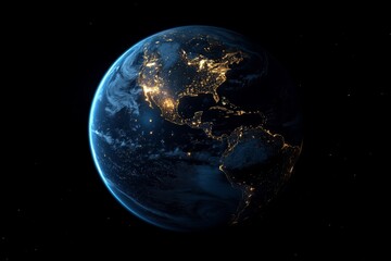 Fototapeta premium A breathtaking view of Earth illuminated at night highlighting cities and natural features