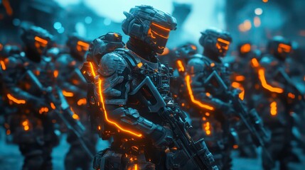 Advanced soldiers stand in formation, their high-tech gear glowing in electric orange and blue. The setting evokes a sense of modern warfare and intensity