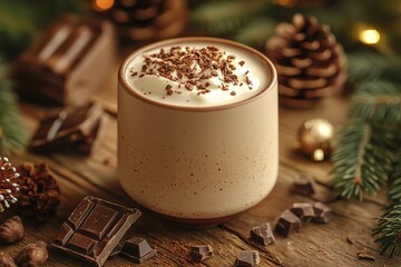 Cozy cup of hot chocolate with whipped cream chocolate shavings and festive Christmas decorations on a wooden surface