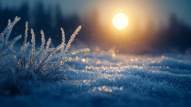 Serene Winter Sunrise: Glistening Frost and Dew on Grass in a Tranquil Landscape with Vibrant Colors and Ice Crystals, Capturing Nature's Beauty and Peaceful Atmosphere at Dawn
